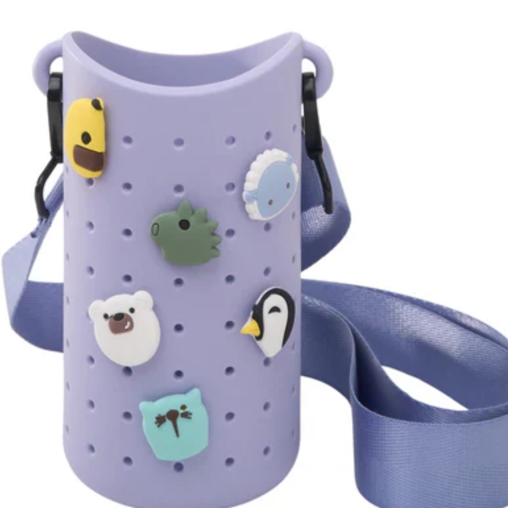 Purple Silicone Water Bottle Holder with Cute Animal Pins